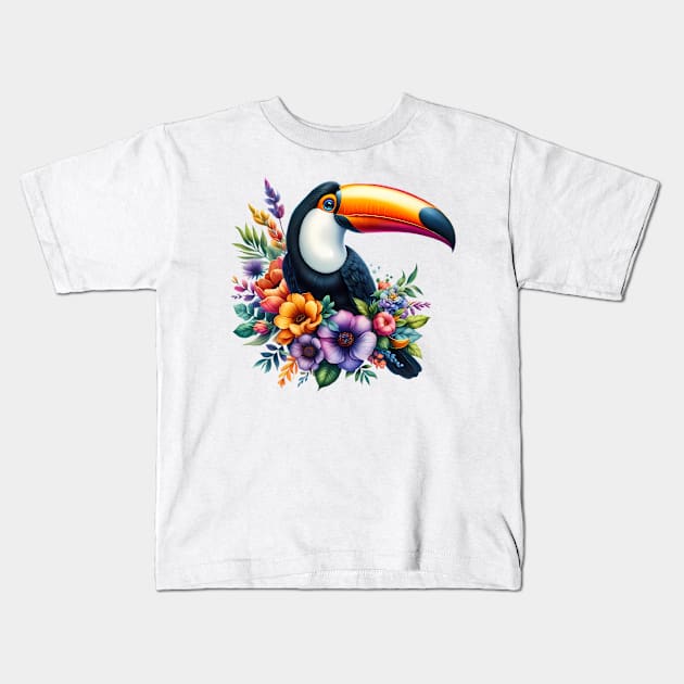 A toucan decorated with beautiful colorful flowers. Kids T-Shirt by CreativeSparkzz